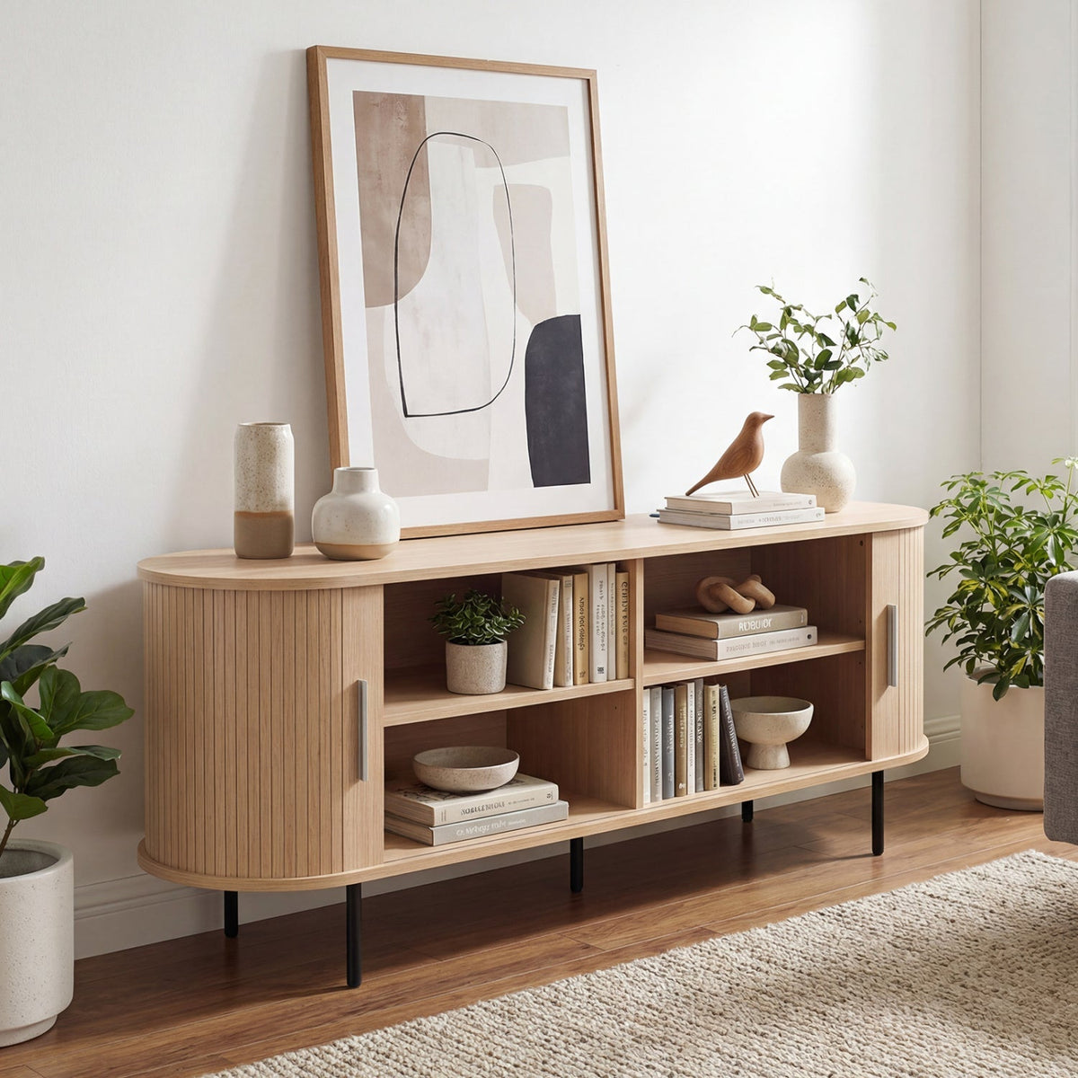 Fluted TV Stand for TVs up to 60" Mid Century Curved Entertainment Center