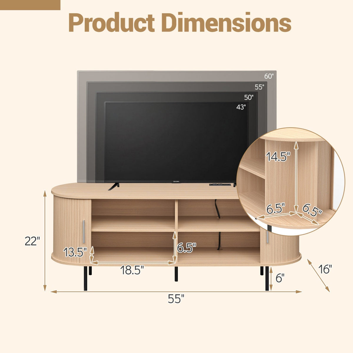 Fluted TV Stand for TVs up to 60" Mid Century Curved Entertainment Center