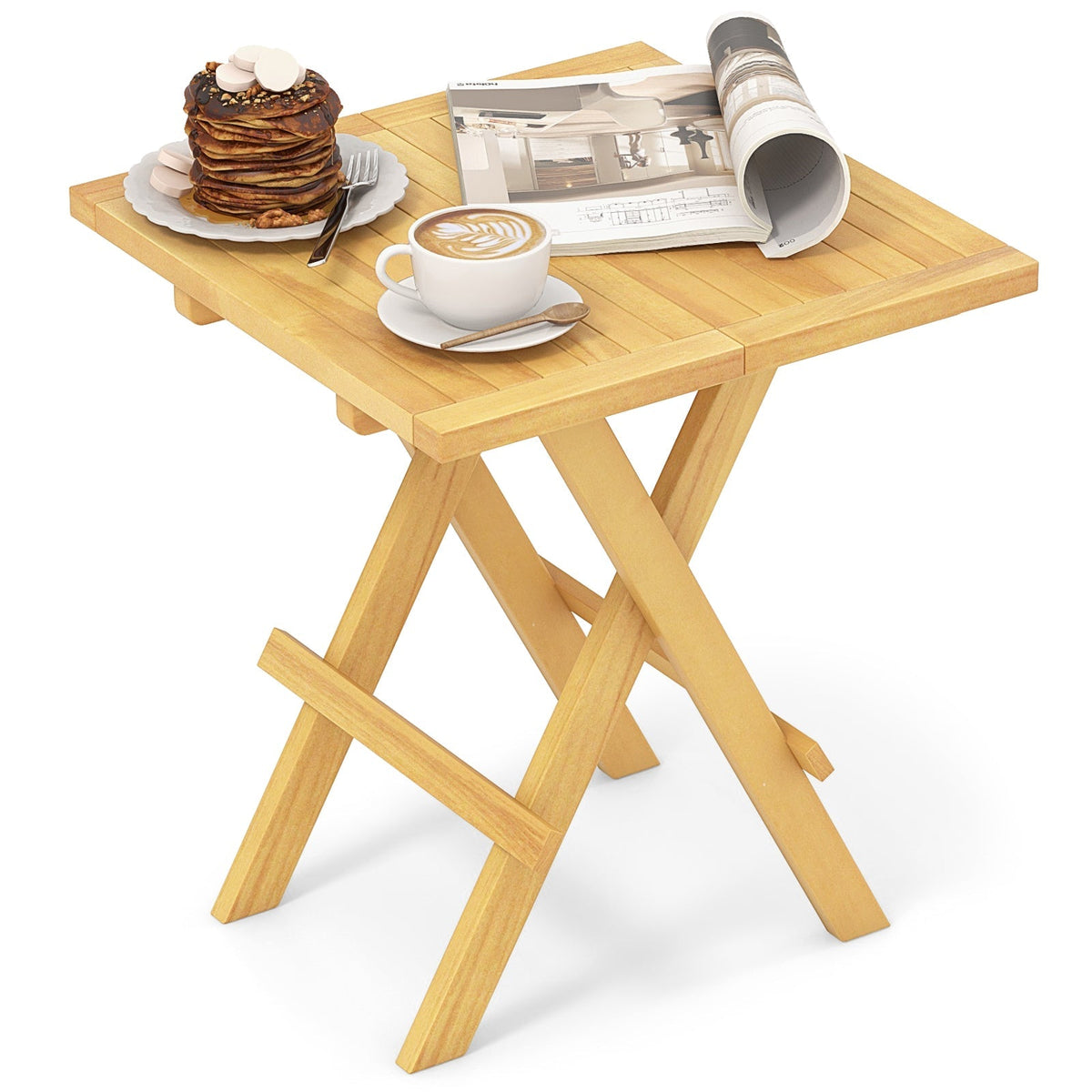 Teak Wood Square Coffee Table with X-shaped Legs and Slatted Tabletop
