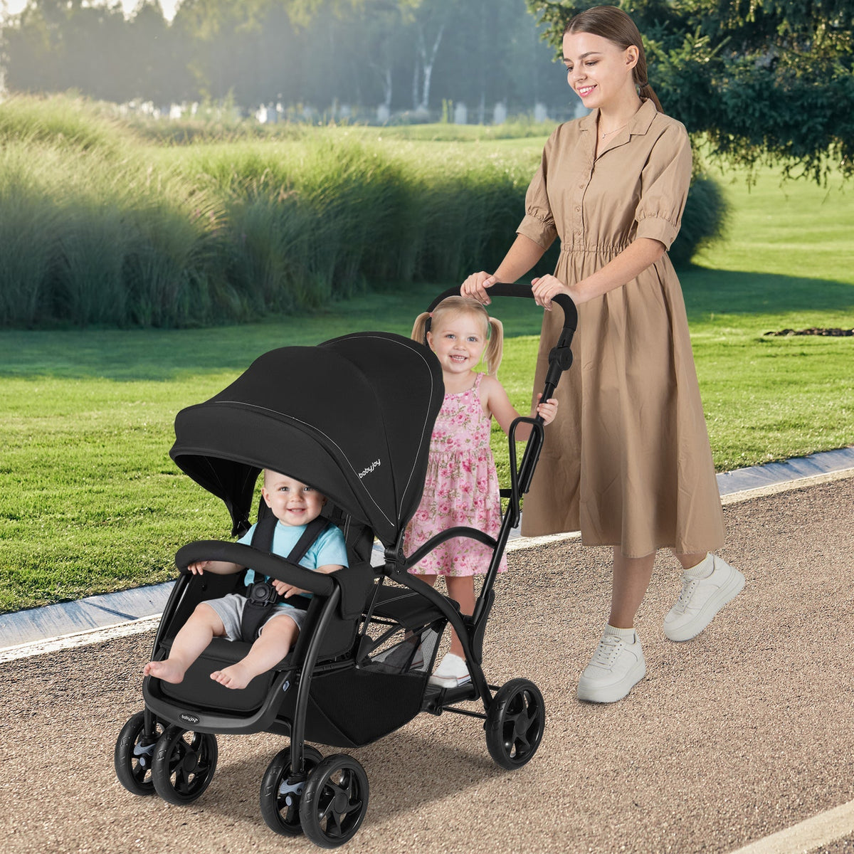 Foldable Twin Tandem Stroller Sit and Stand Double Stroller with Adjustable Handle Bar-Black