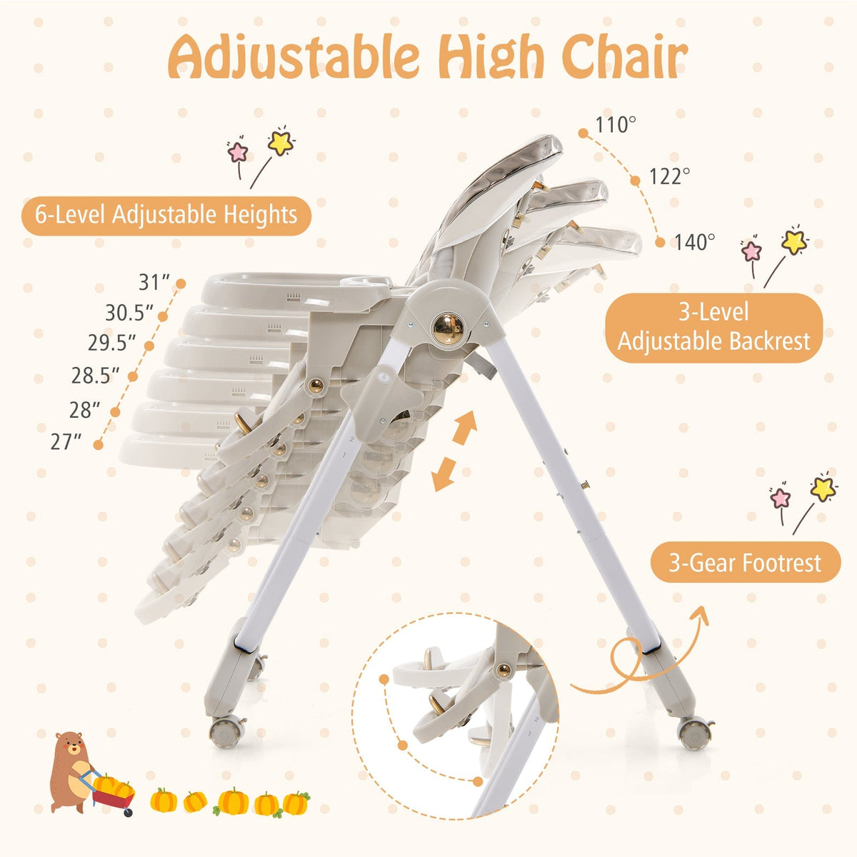 Folding Baby Dining High Chair with Adjustable Height and Recline