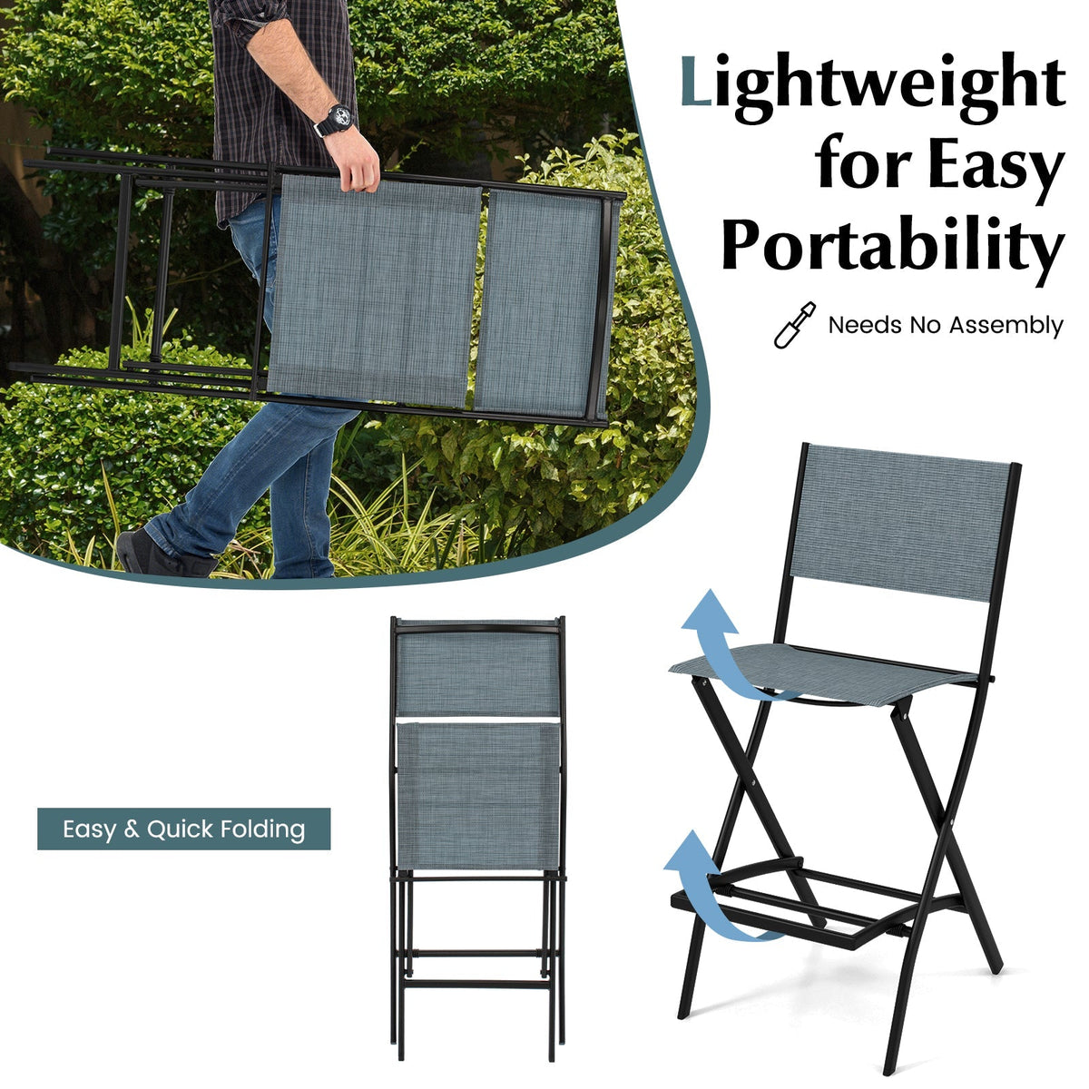 Folding Bar Stools Set of 2 Backrest Humanized Footrest