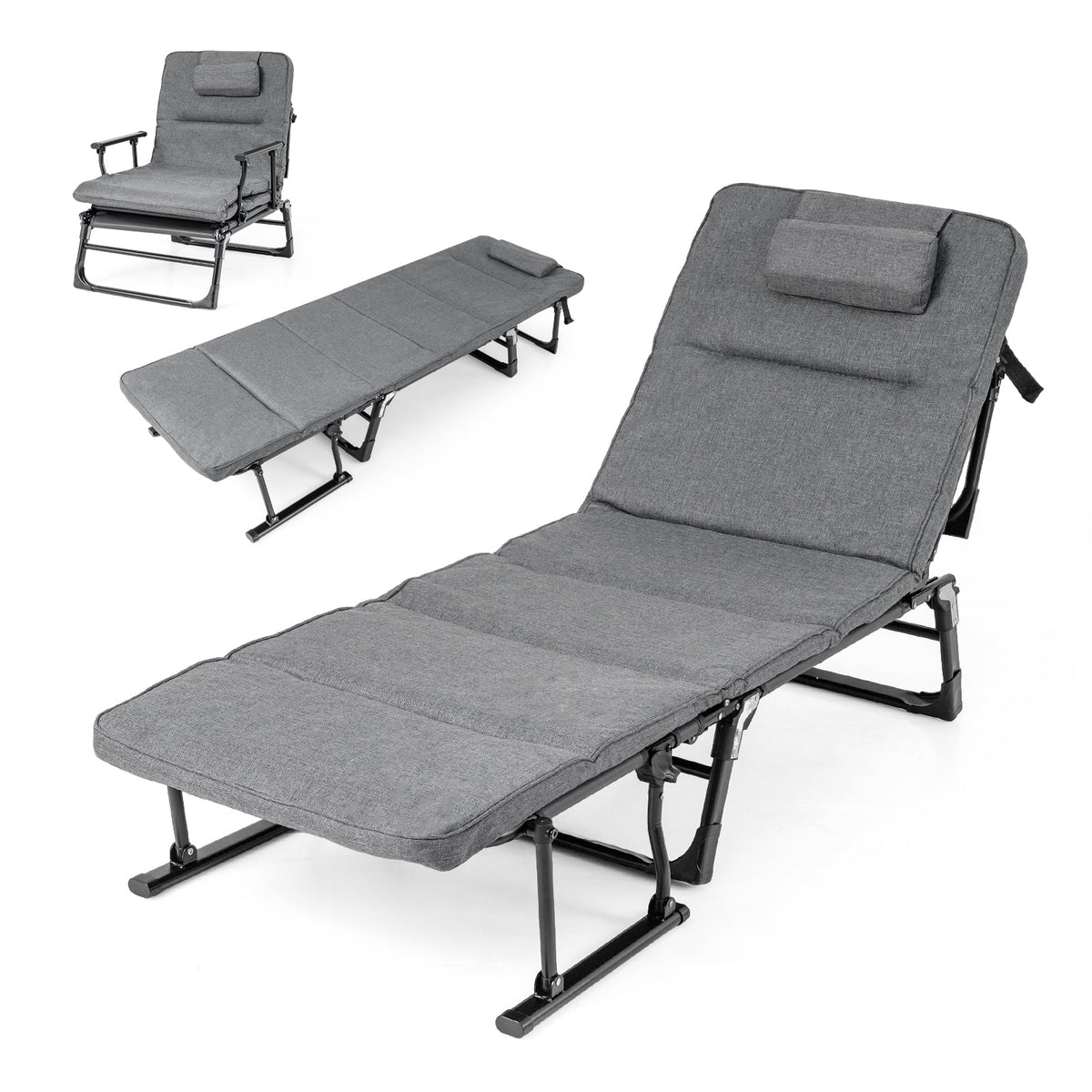 Folding Camping Cot with Mattress 3 in 1 Convertible Single Sofa Chaise Lounge Chair Sleeper-Gray