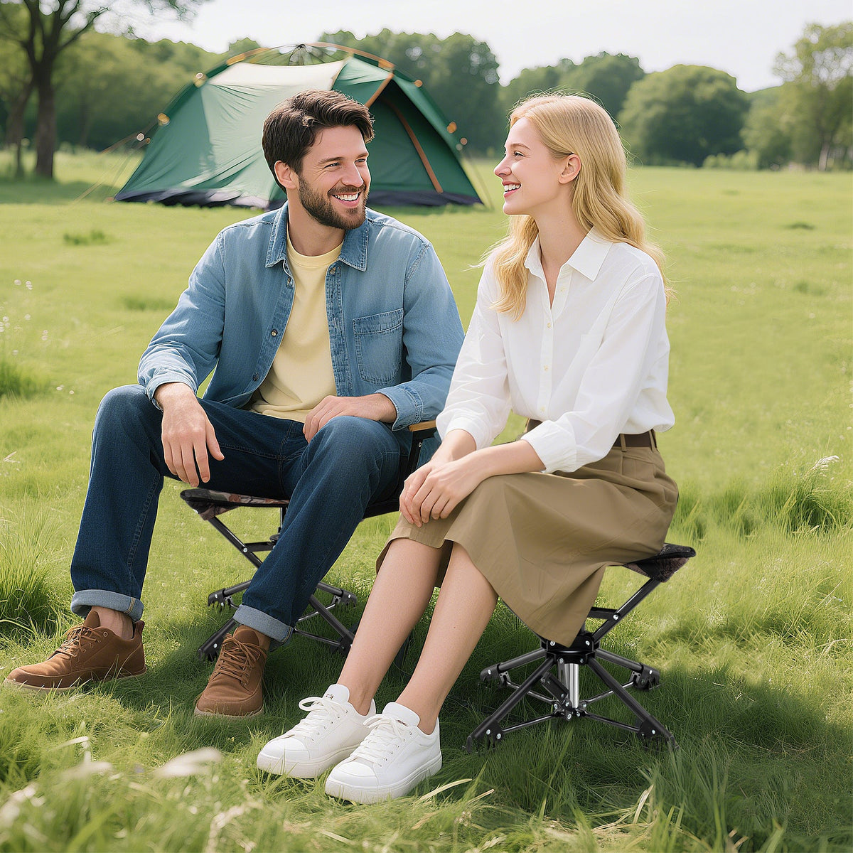 Taburete de camping plegable, silla de caza giratoria 360° con patas antihundimiento