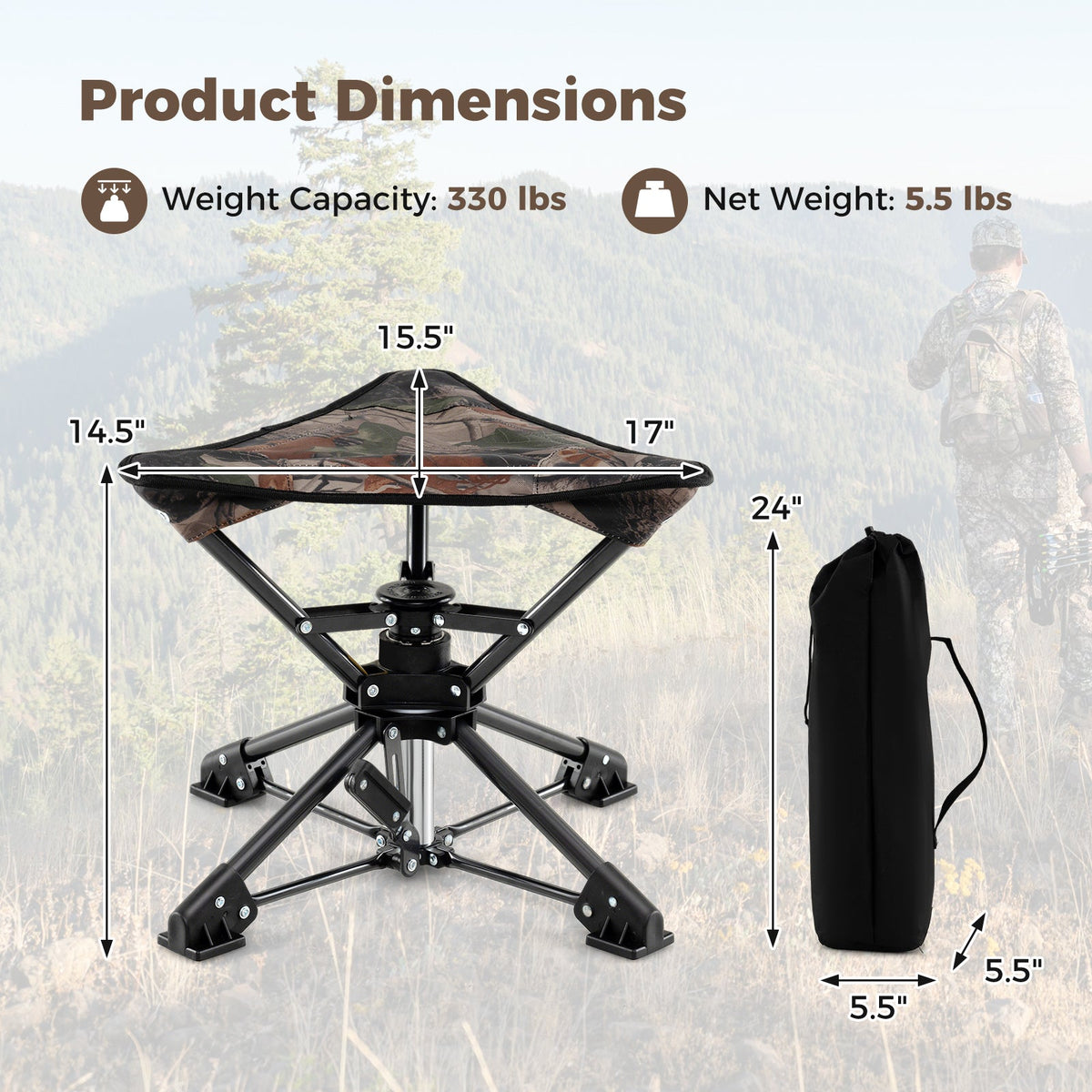 Taburete de camping plegable, silla de caza giratoria 360° con patas antihundimiento
