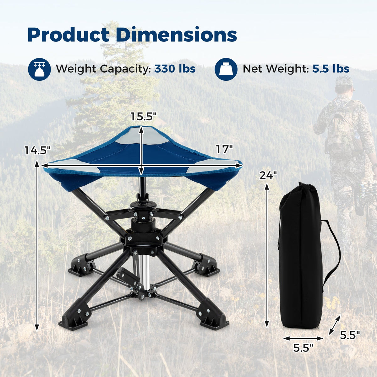 Taburete de camping plegable, silla de caza giratoria 360° con patas antihundimiento