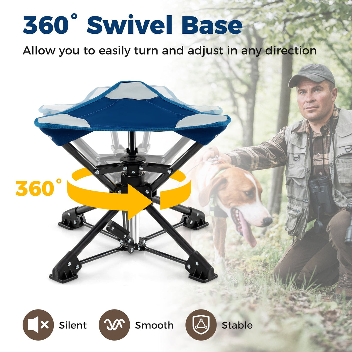 Taburete de camping plegable, silla de caza giratoria 360° con patas antihundimiento
