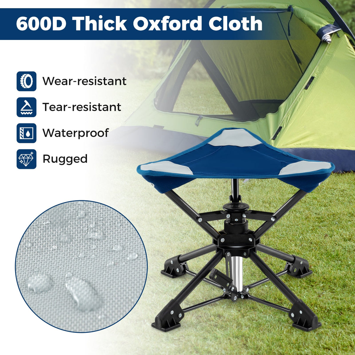 Taburete de camping plegable, silla de caza giratoria 360° con patas antihundimiento