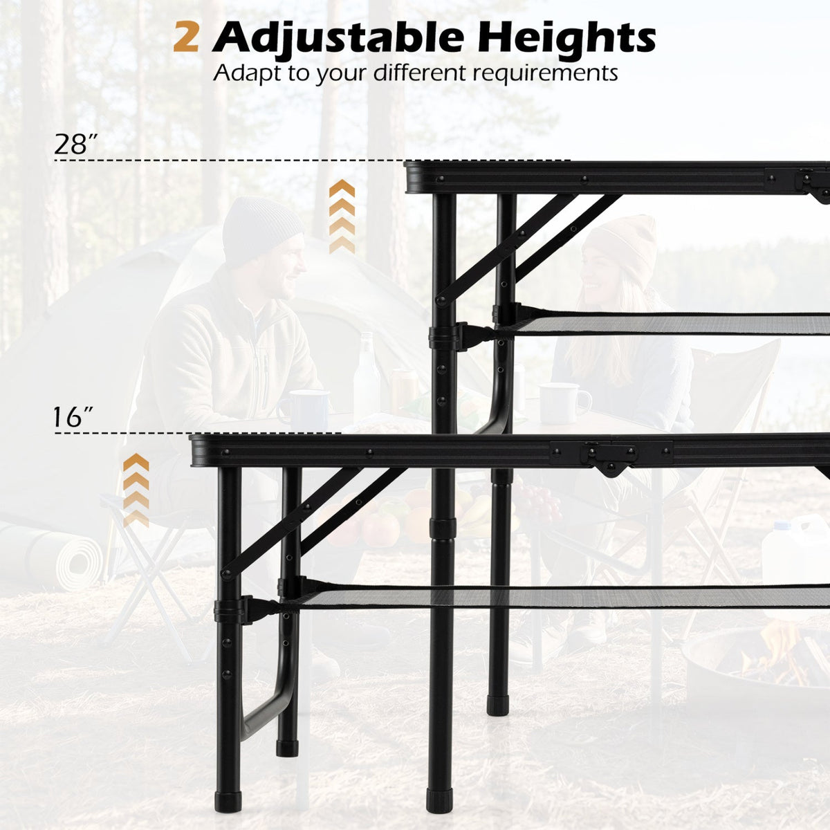 Folding Camping Table with Adjustable Heights Storage Net & Handle