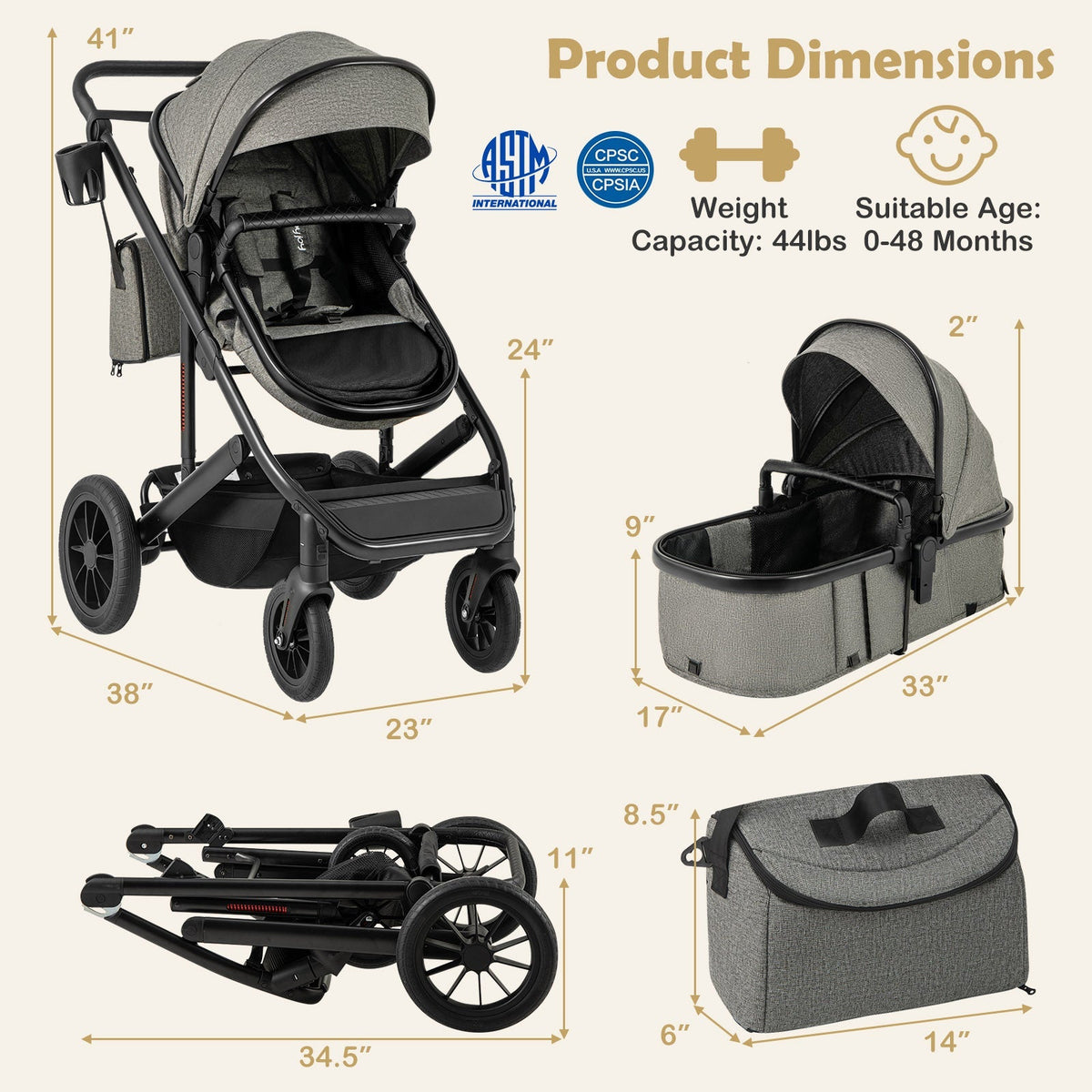Cochecito de bebé convertible plegable 3 en 1 con capazo desmontable