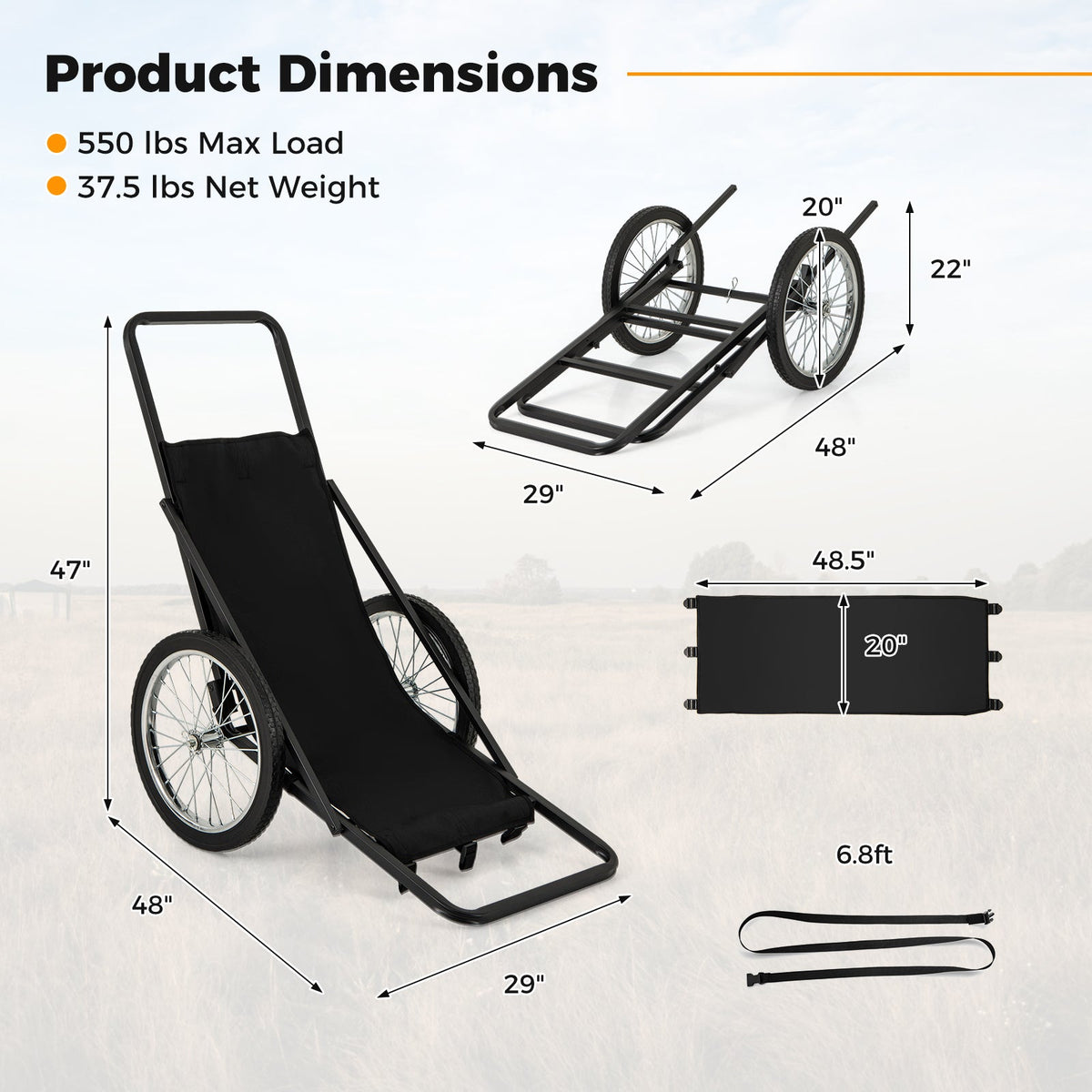 550 LBS Folding Deer Game Cart with Polyester Liner for Hunting
