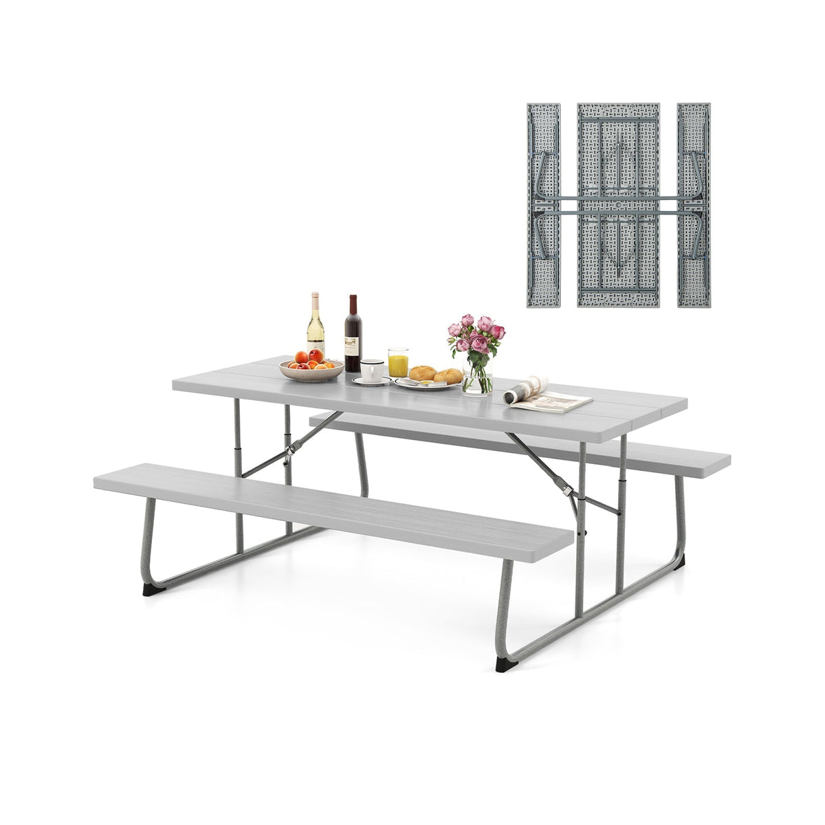 Folding Picnic Table Set with Metal Frame and All-Weather HDPE Tabletop Umbrella Hole