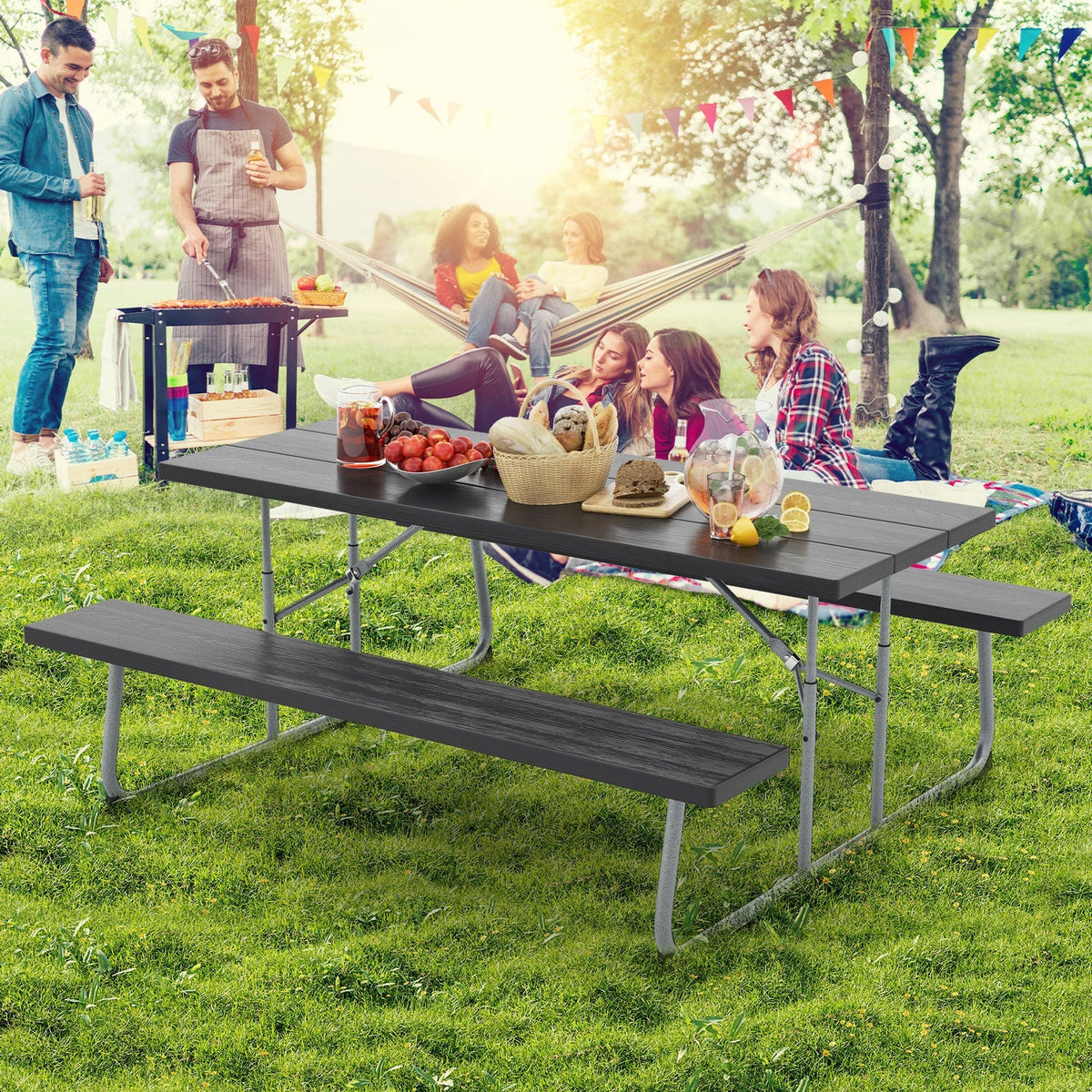 Folding Picnic Table Set with Metal Frame and All-Weather HDPE Tabletop Umbrella Hole