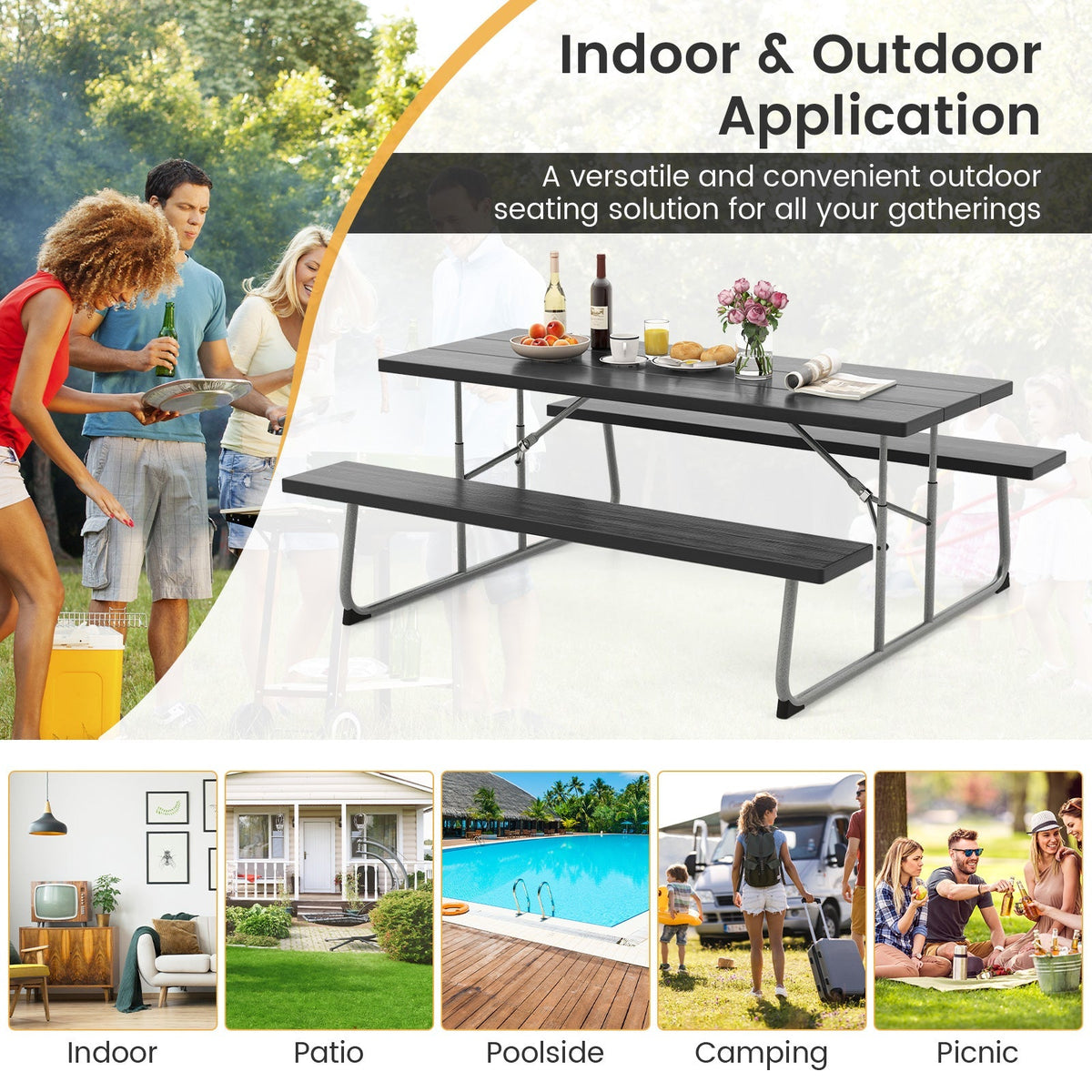 Folding Picnic Table Set with Metal Frame and All-Weather HDPE Tabletop Umbrella Hole
