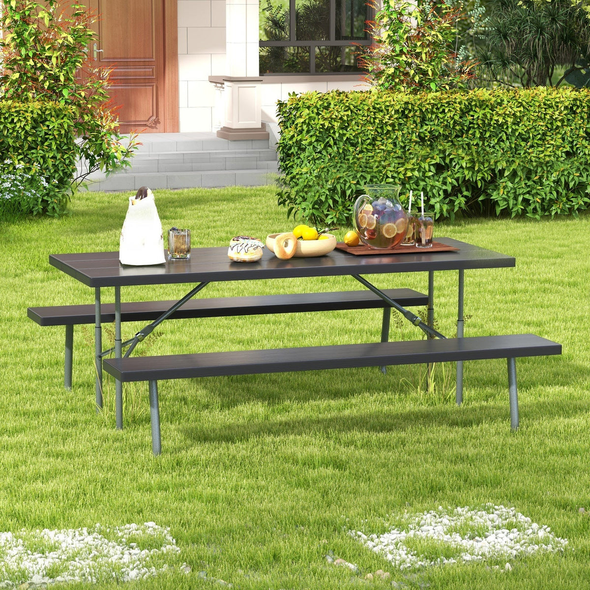 Folding Picnic Table Set with Metal Frame and All-Weather HDPE Tabletop Umbrella Hole