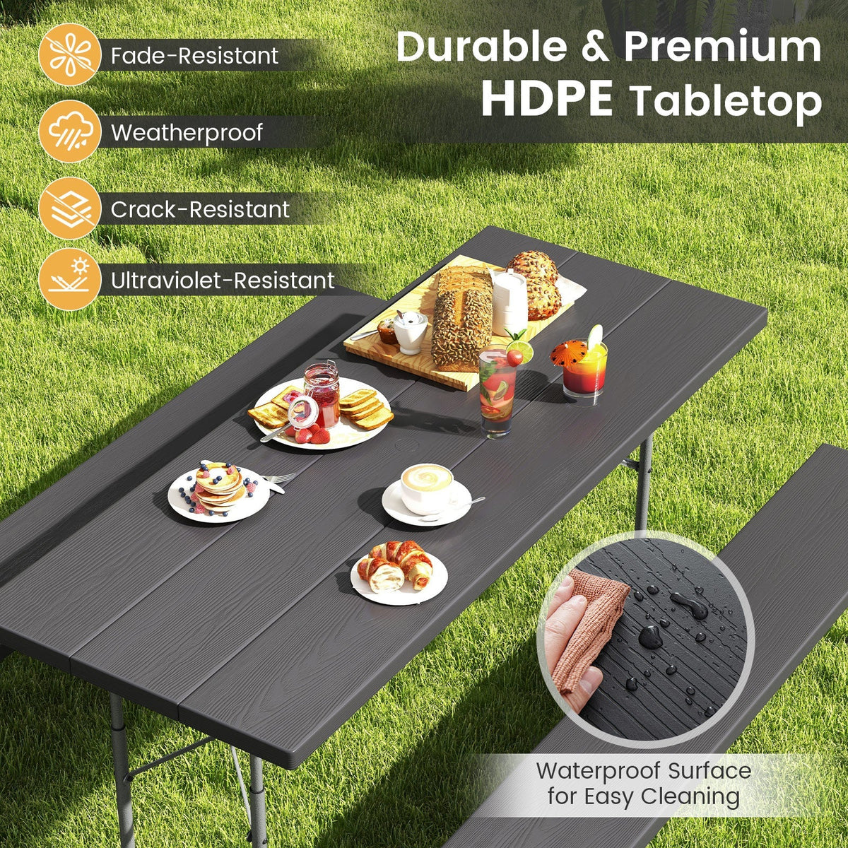 Folding Picnic Table Set with Metal Frame and All-Weather HDPE Tabletop Umbrella Hole