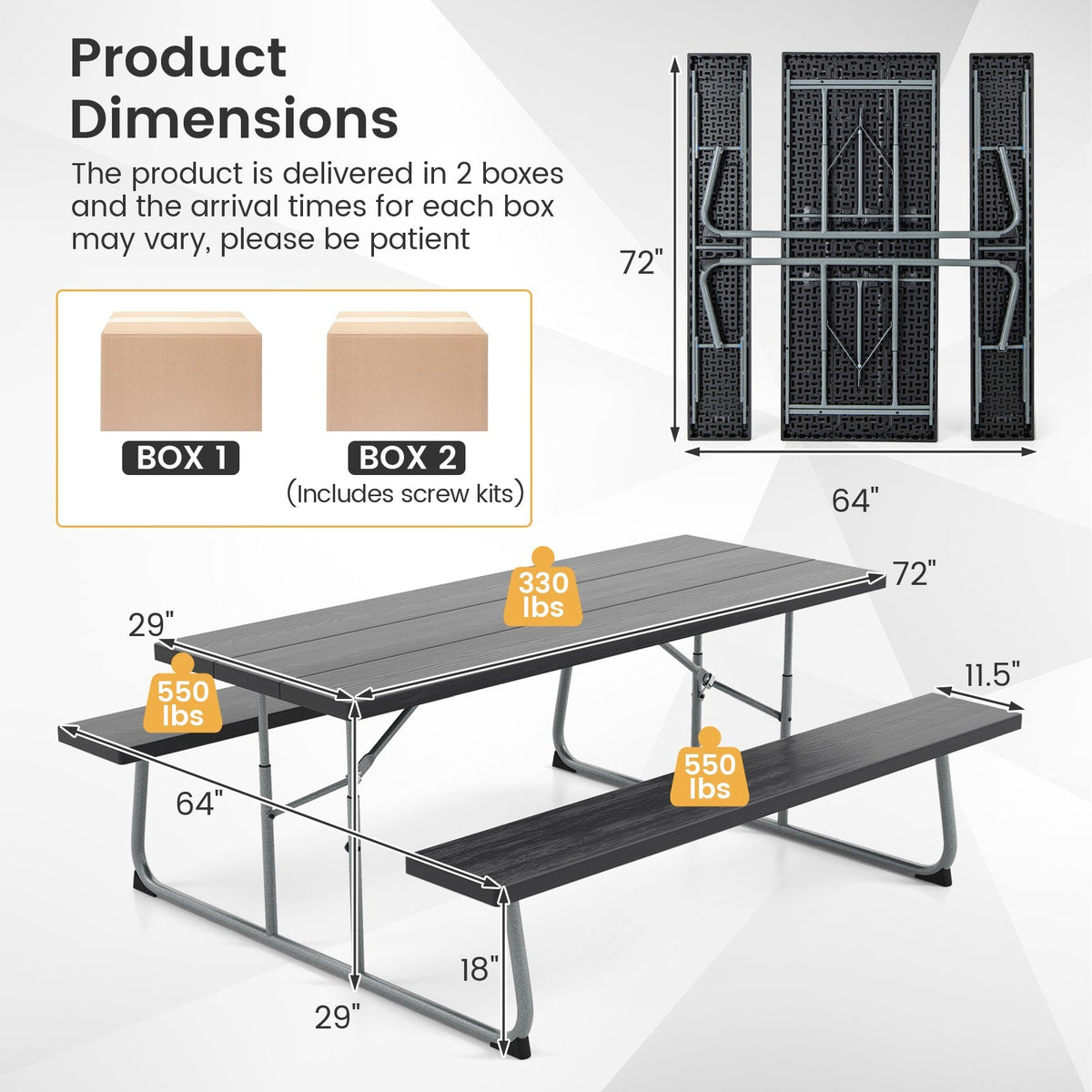 Folding Picnic Table Set with Metal Frame and All-Weather HDPE Tabletop Umbrella Hole