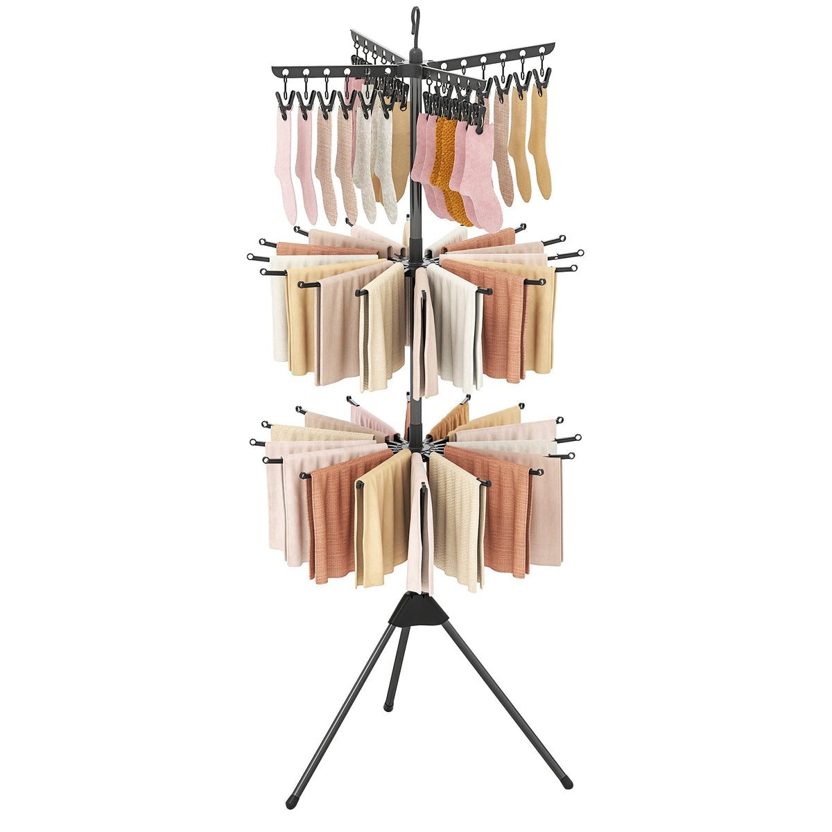 3-Tier Tripod Freestanding Folding Clothes Drying Rack with 24 Clips-Black