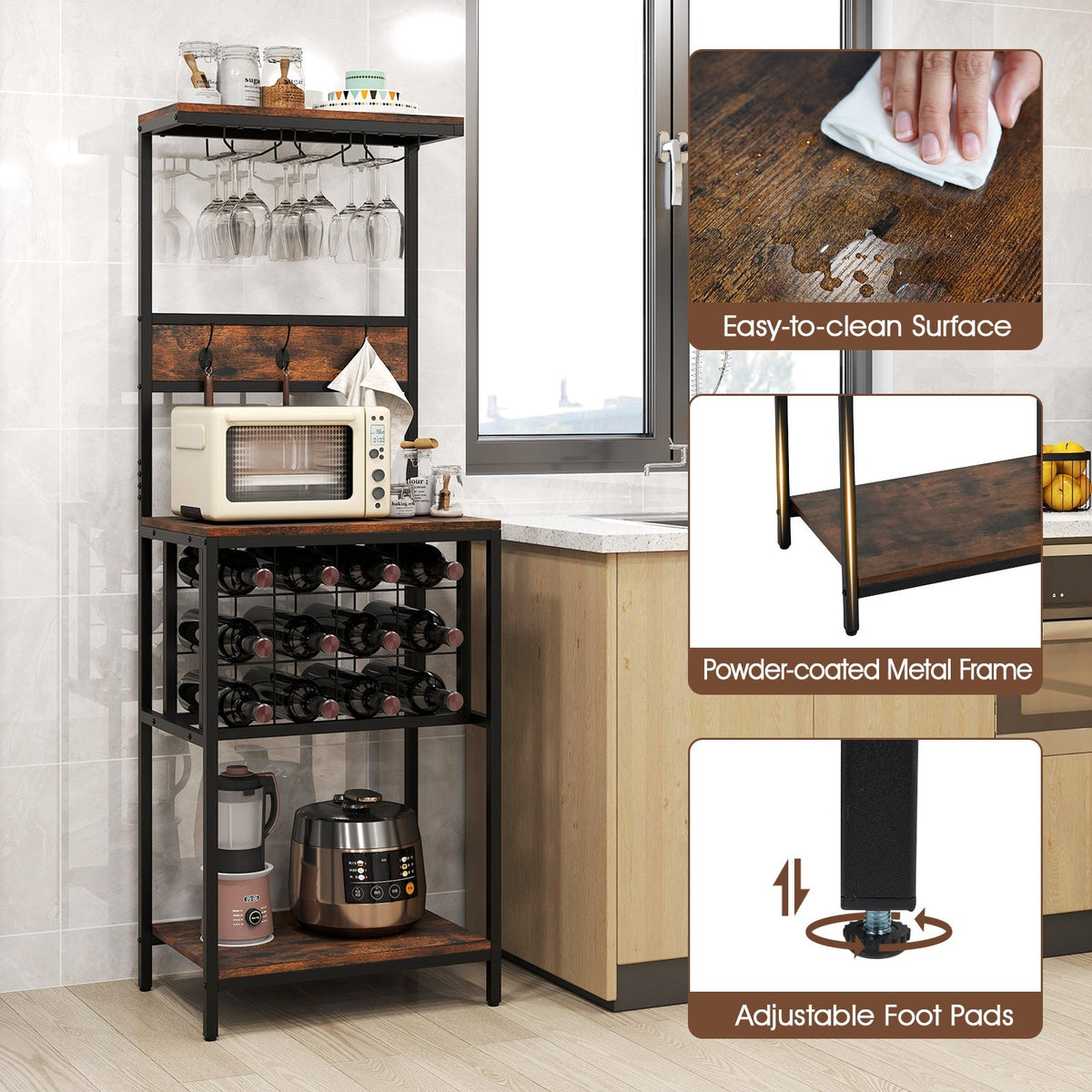 Freestanding Wine Rack Floor Wine Bar Cabinet with Glass Racks-Rustic Brown