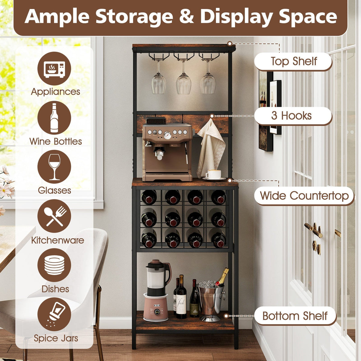 Freestanding Wine Rack Floor Wine Bar Cabinet with Glass Racks-Rustic Brown