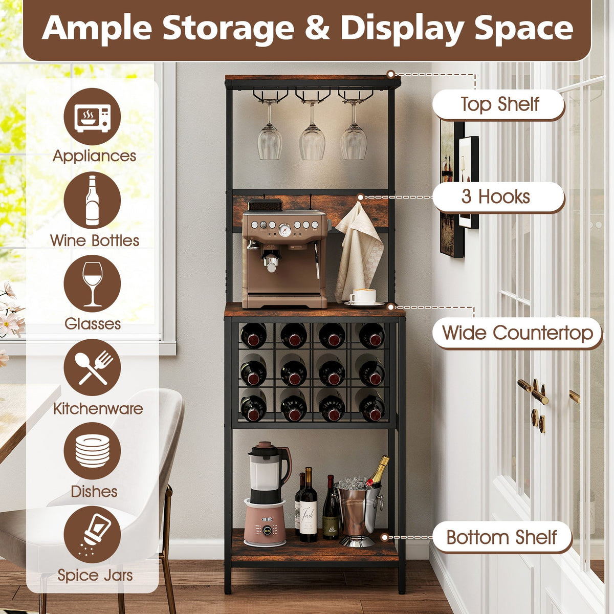 Freestanding Wine Rack Floor Wine Bar Cabinet with Glass Racks-Rustic Brown