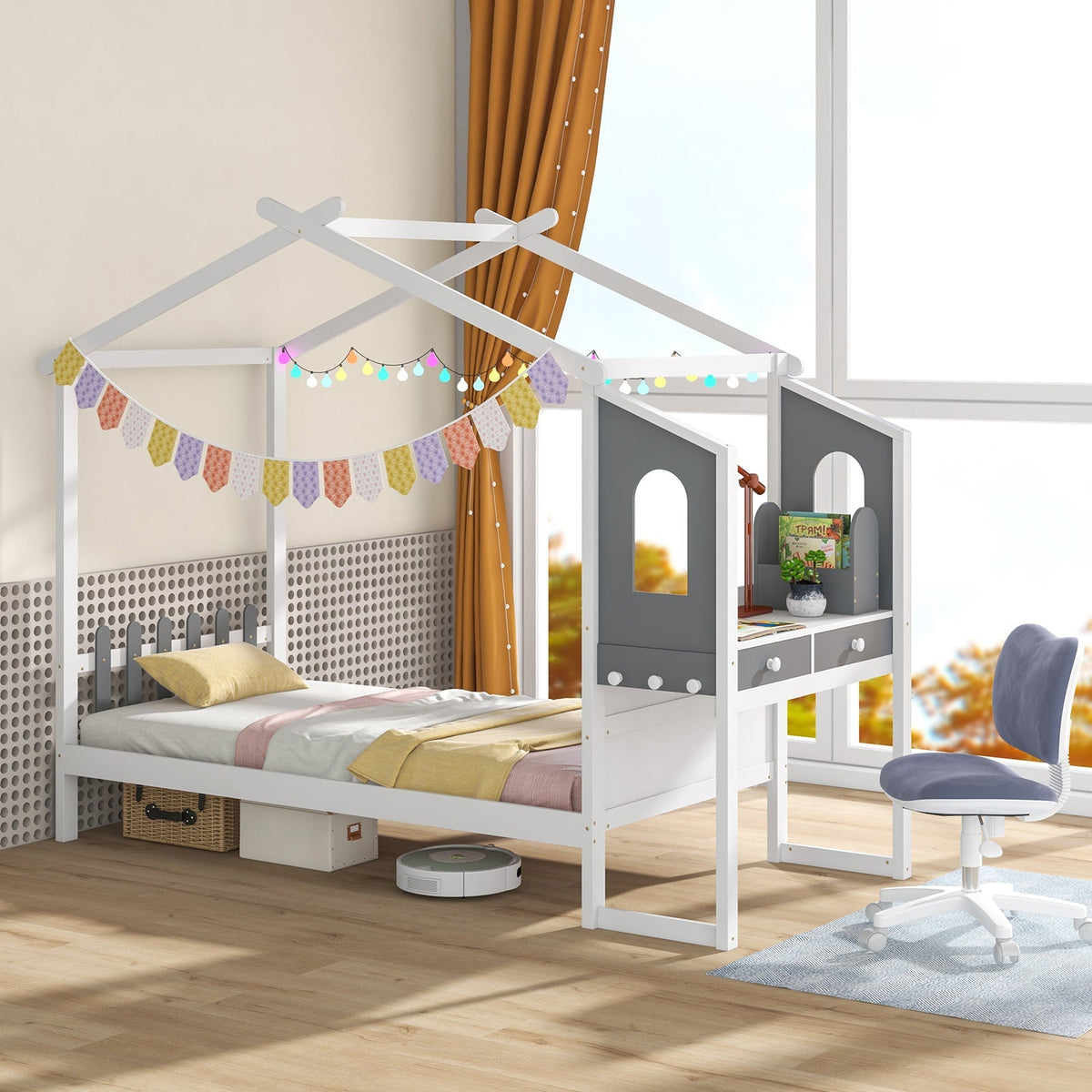 Marco de cama doble/matrimonial con dosel de techo de casa y valla para niños