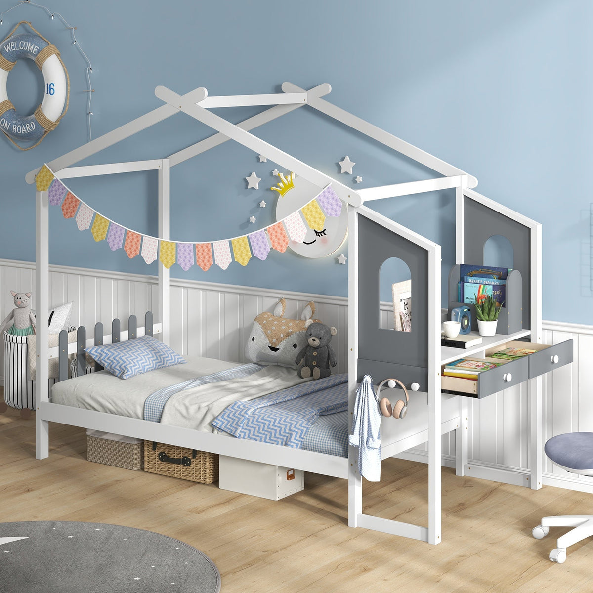 Marco de cama doble/matrimonial con dosel de techo de casa y valla para niños