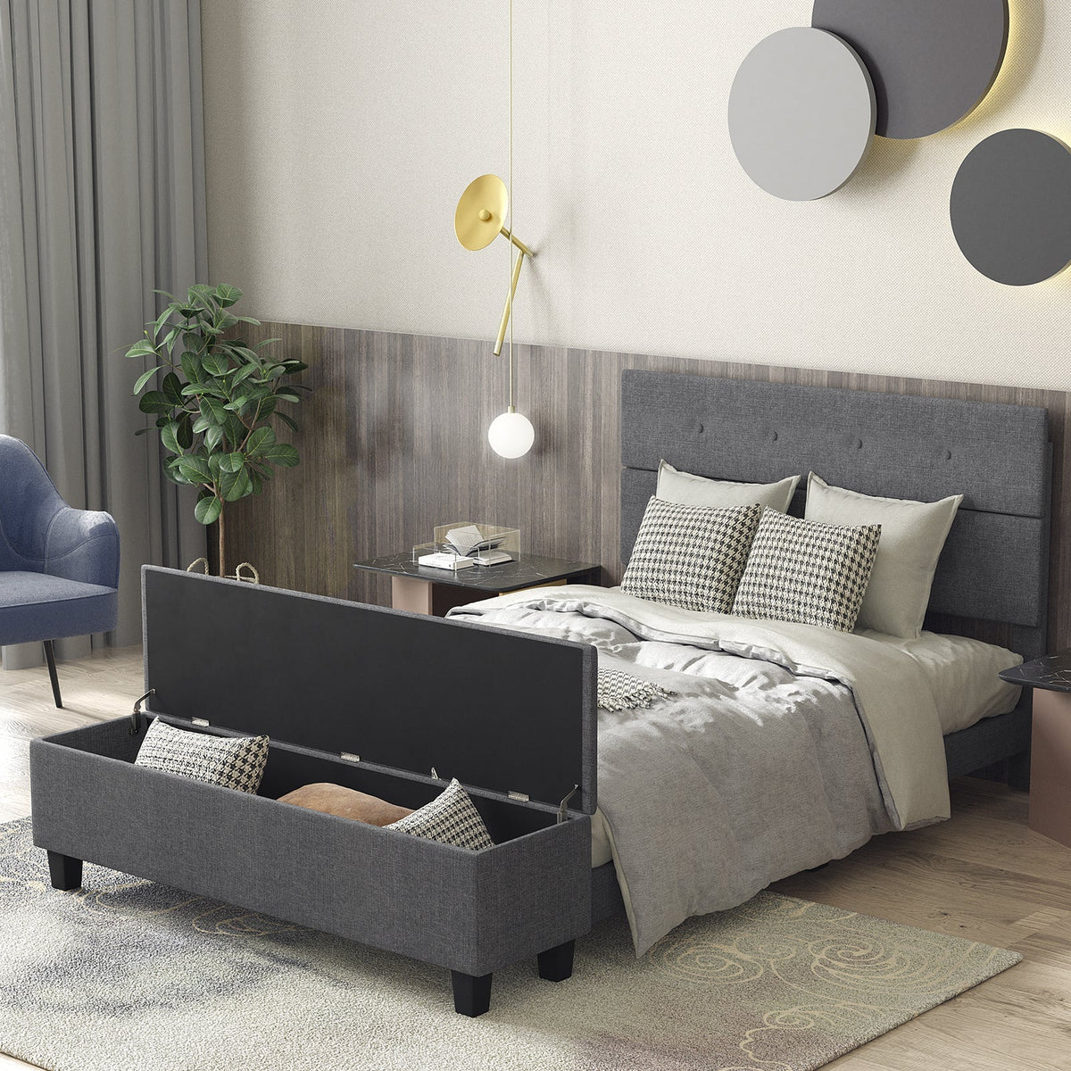 Full/Queen/Twin Upholstered Bed Frame with Ottoman Storage