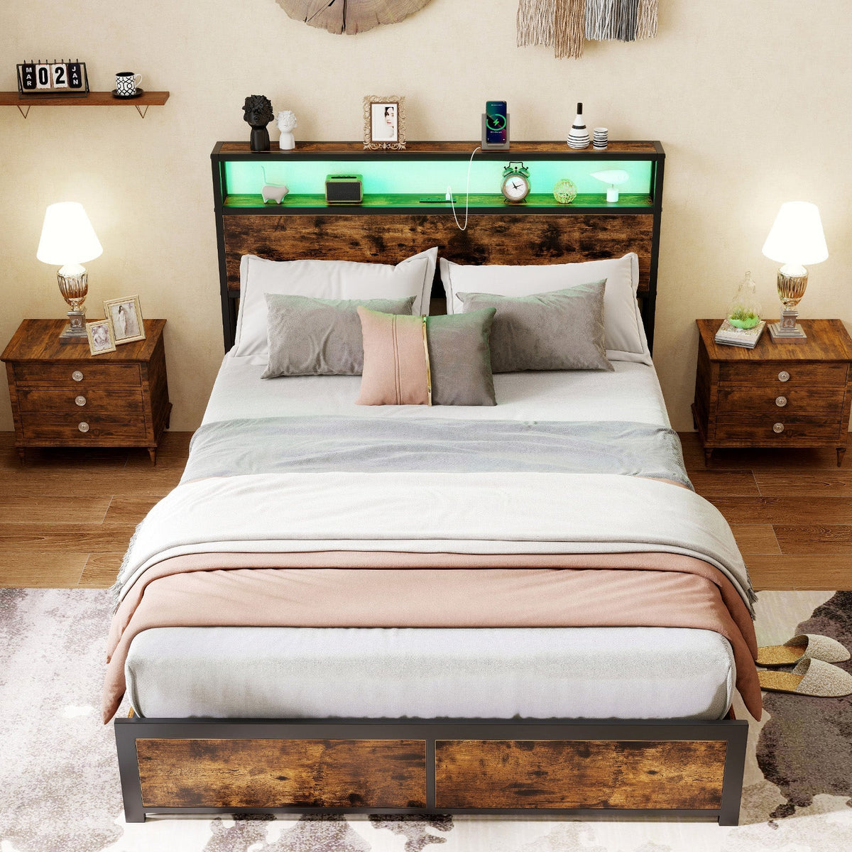Full/Queen Size LED Bed Frame with Charging Station and 4 Storage Drawers