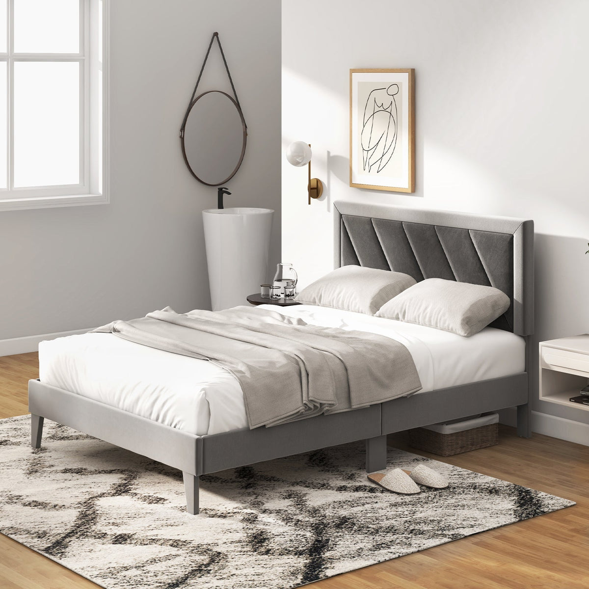 Twin/Full/Queen Platform Bed with High Headboard and Wooden Slats