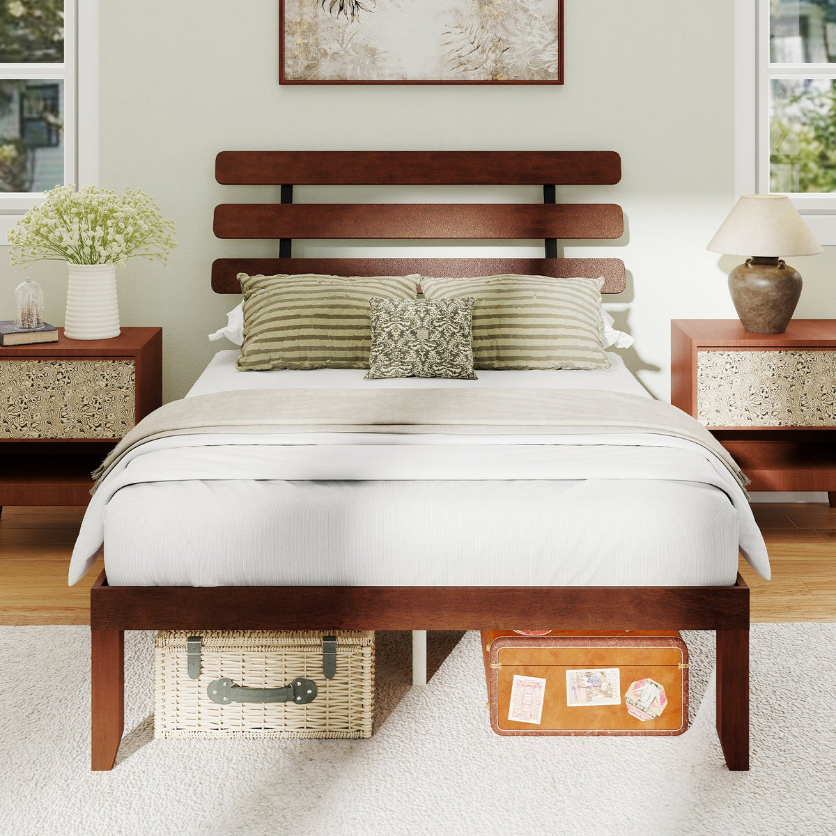 Full Size Bed Frame 15.5 Inch Solid Wood Platform Bed with Retro Headboard
