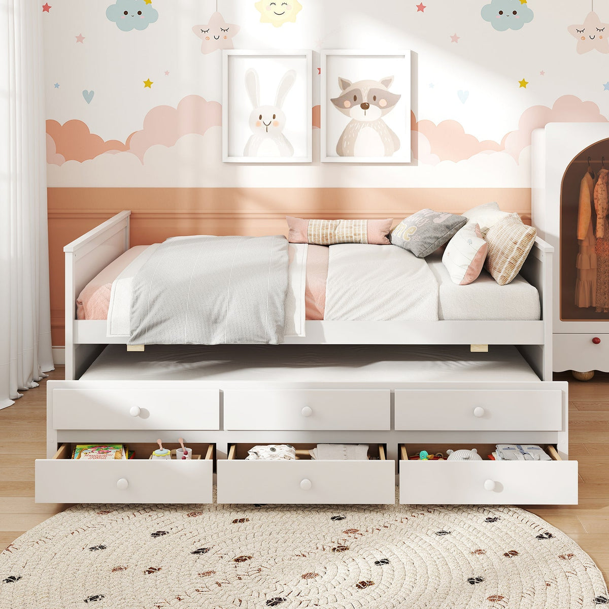 Full Size Bed Frame with Twin Trundle and 3 Storage Drawers for Teens Adults-White