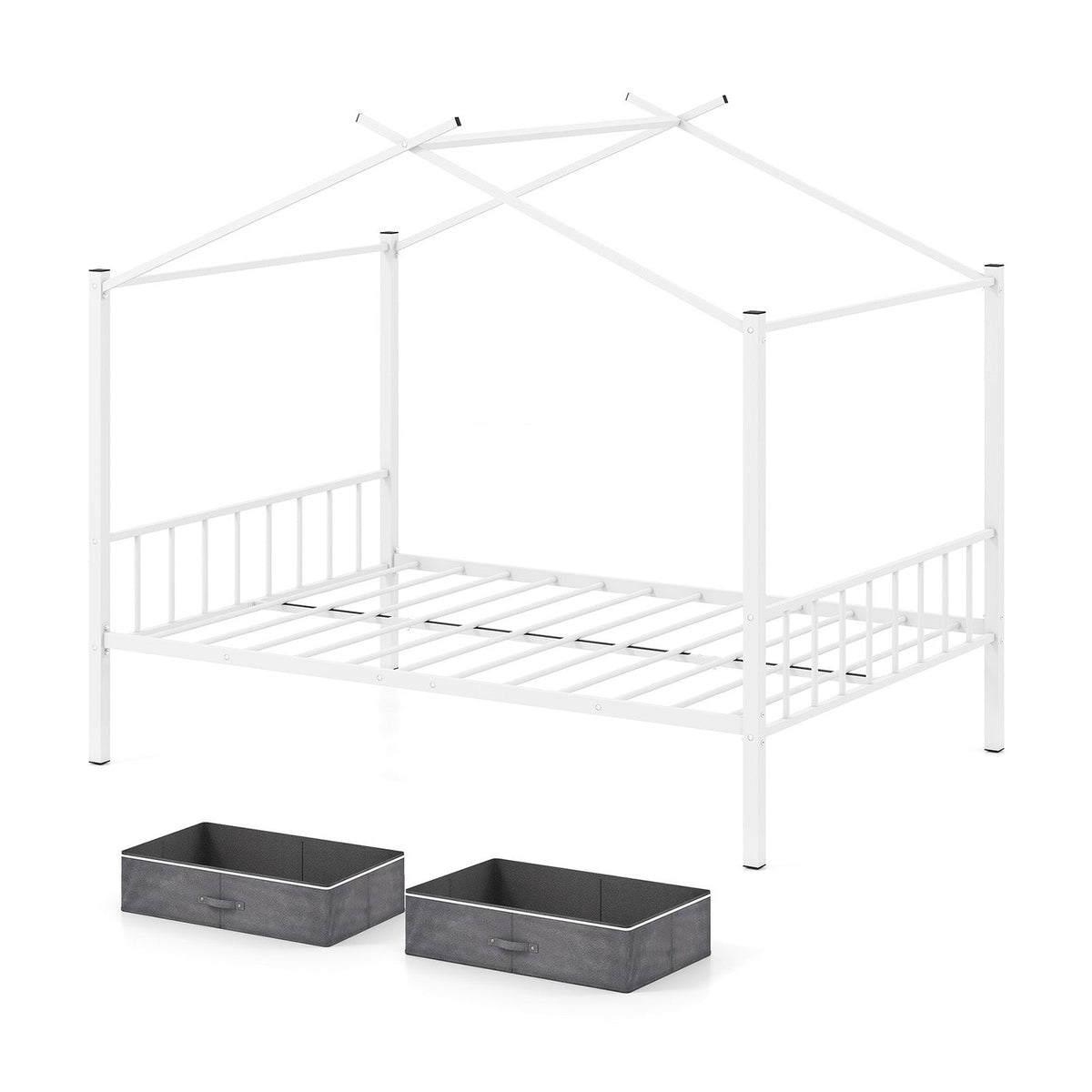 Full Size Metal House Bed with 2 Fabric Drawers for Kids