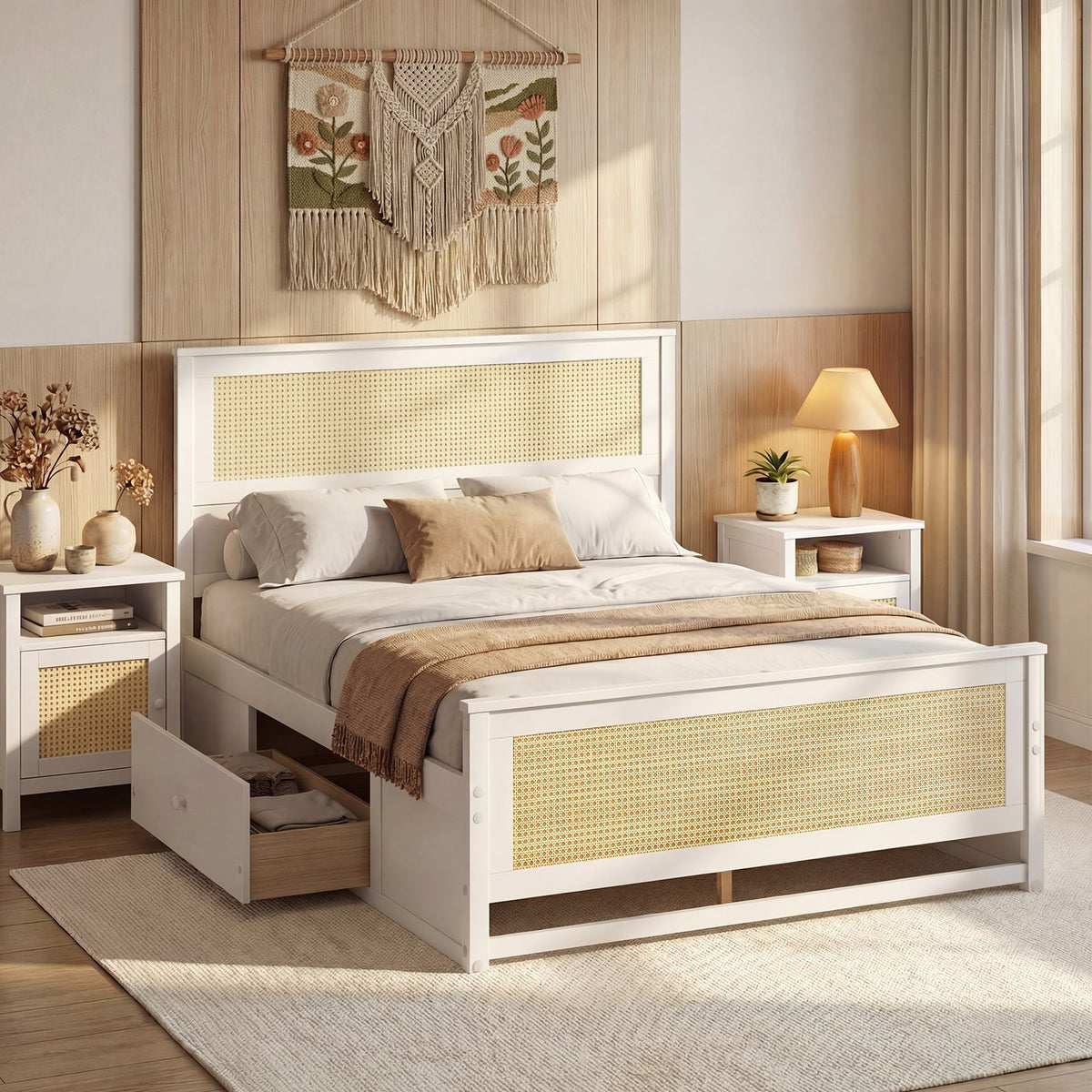 Full Size Rattan Bed Frame with Storage Drawers
