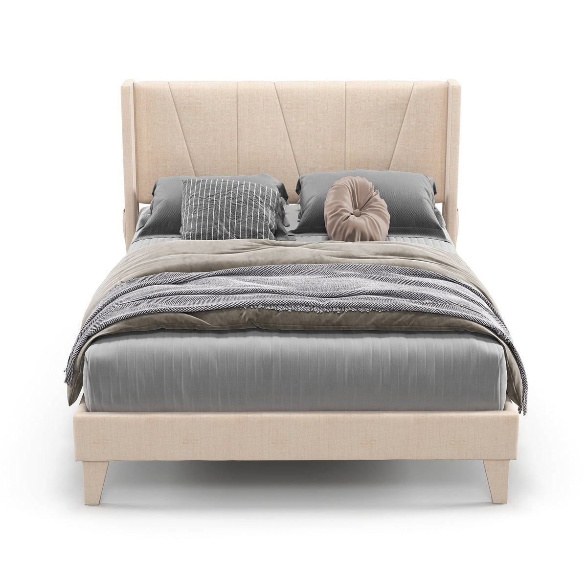 Full/Queen Size Upholstered Bed Frame with Geometric Wingback Headboard
