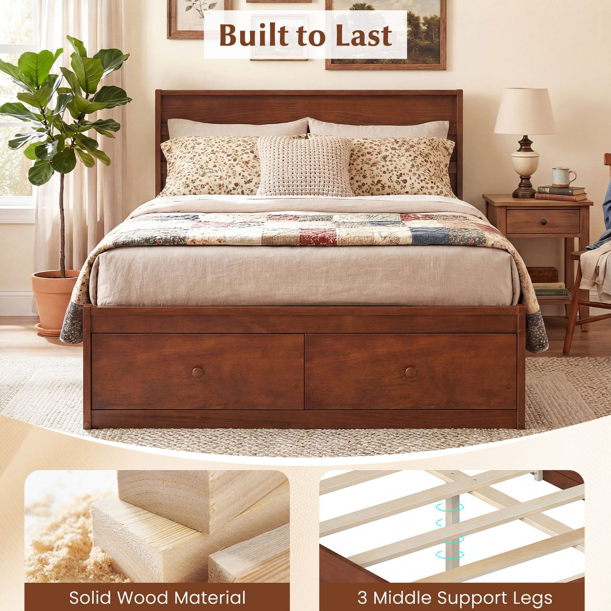 Full Size Wooden Platform Bed Frame with Storage Drawers
