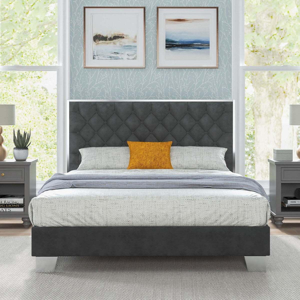 Full/Queen Size Upholstered Bed Frame with Velvet Headboard