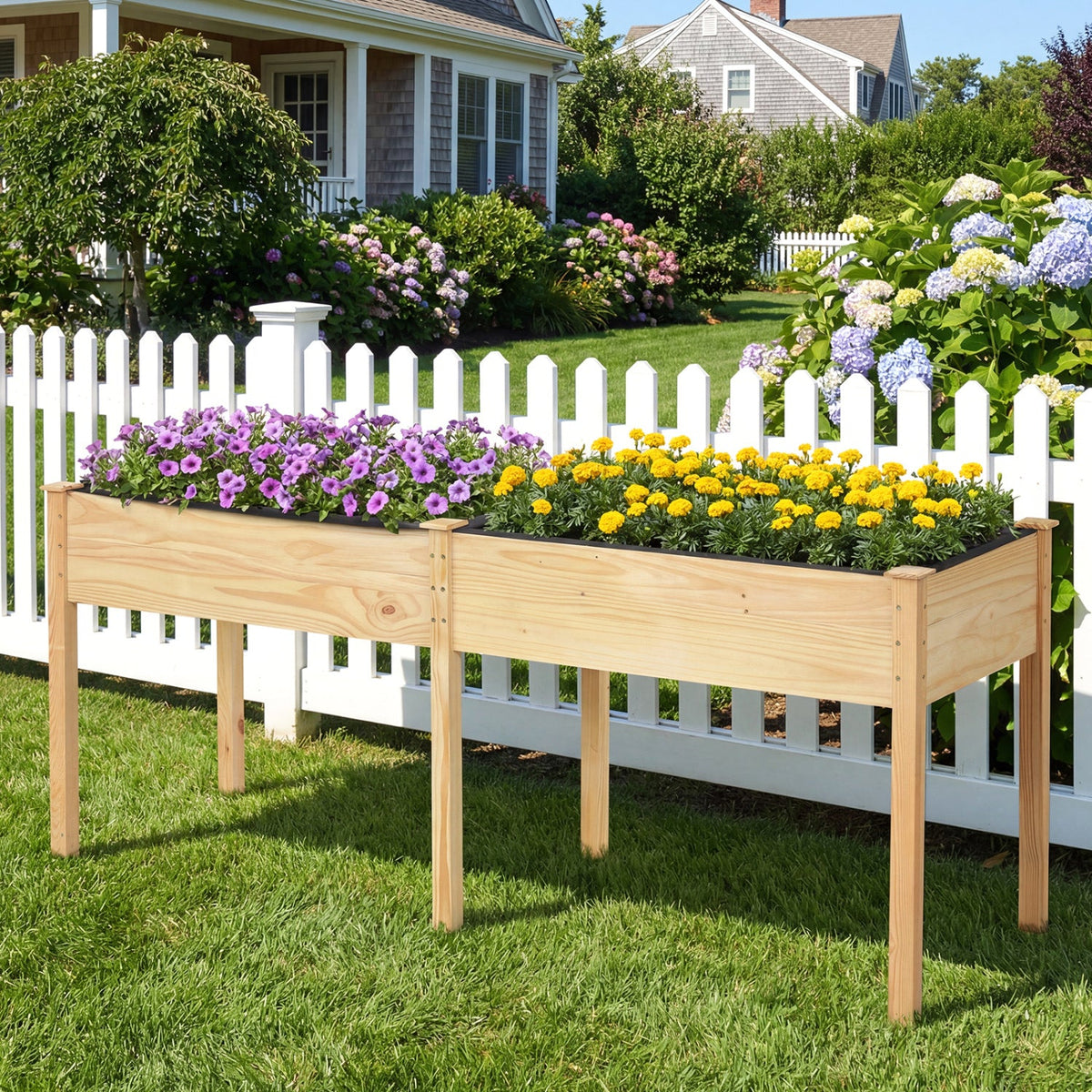 Fir Wood Outdoor Raised Garden Bed with Divider Panel and Drainage Holes