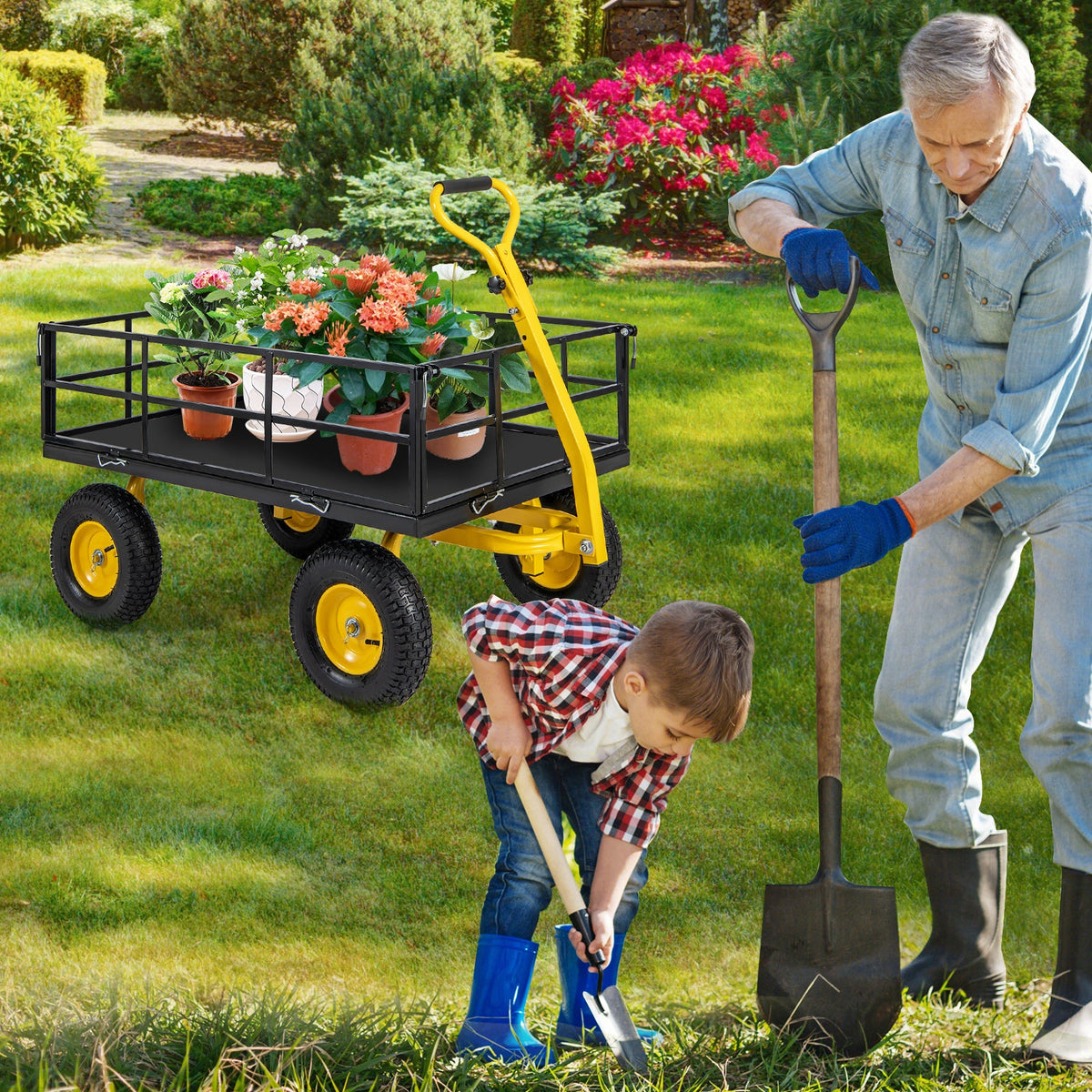 Utility Garden Wagon with 4 Removable Side Panels and 900/1200 LBS Load Capacity
