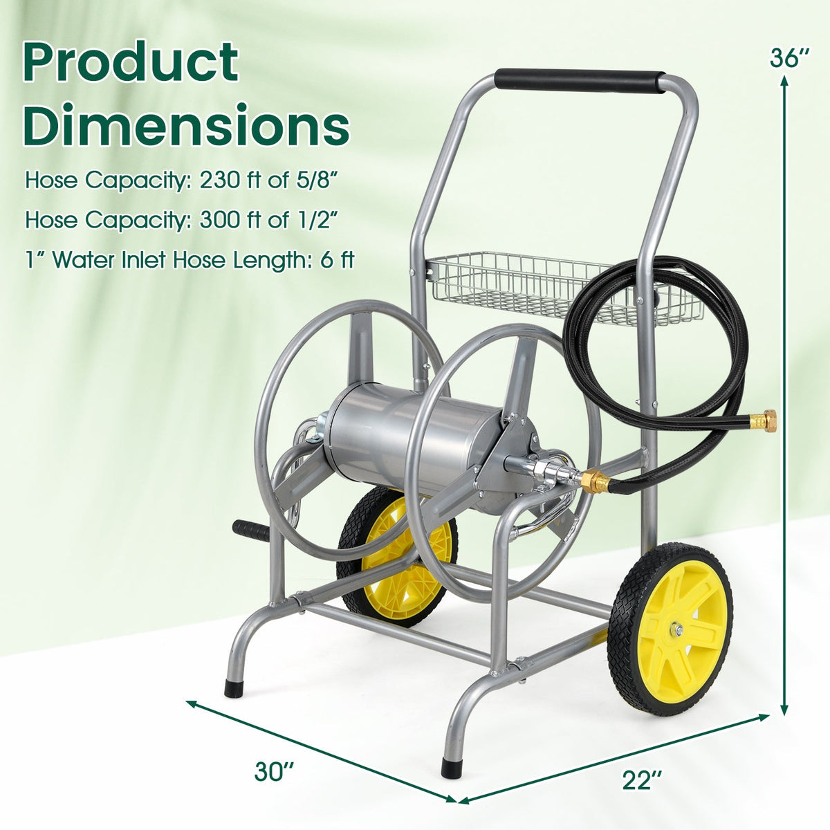 Garden Hose Reel Cart with 2 Wheels and Storage Basket