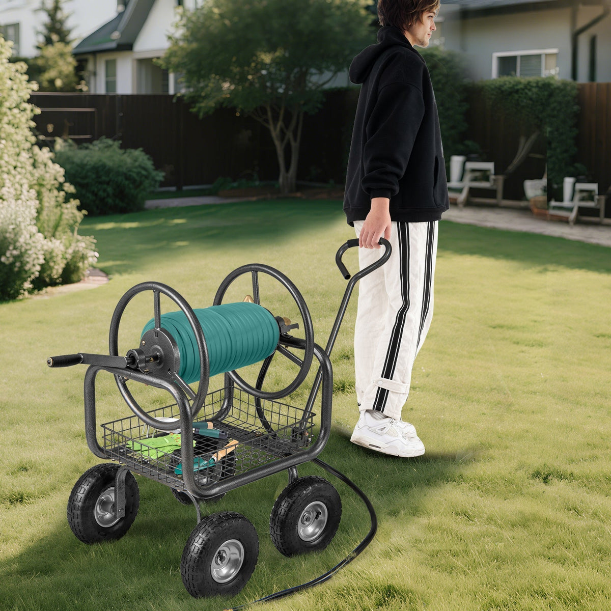 Garden Hose Reel Cart 300 Feet Large Capacity with 4 Wheels and Storage Basket-Gray