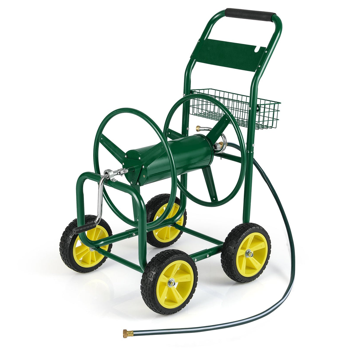Garden Hose Reel Cart Metal Hose Cart with 4 Wheels and Storage Basket