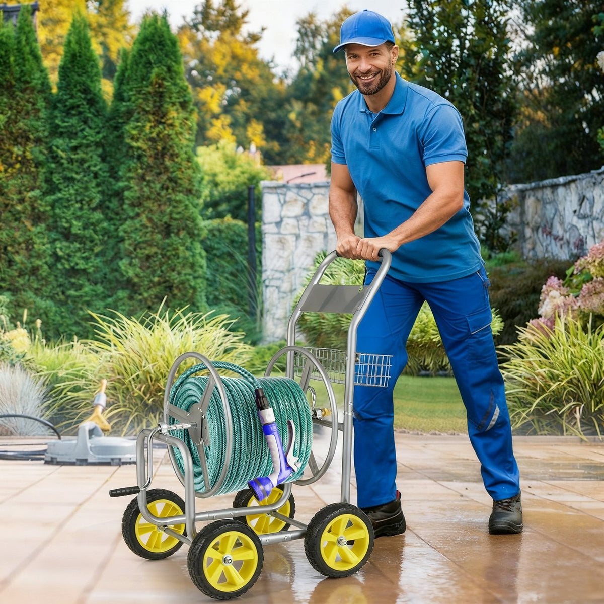 Garden Hose Reel Cart Metal Hose Cart with 4 Wheels and Storage Basket