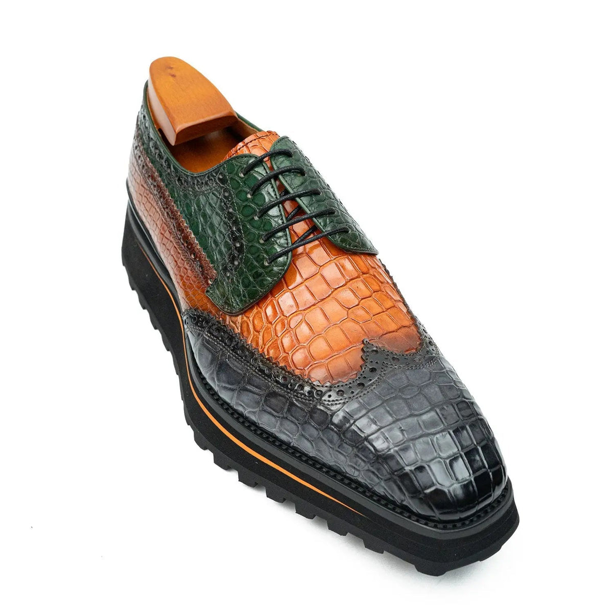 Multicolor Wingtip Crocodile Leather Derby Shoes