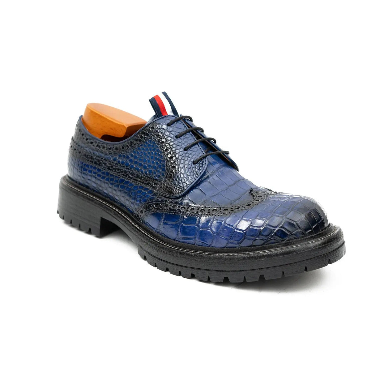 Blue Wingtip Crocodile Leather Derby Shoes