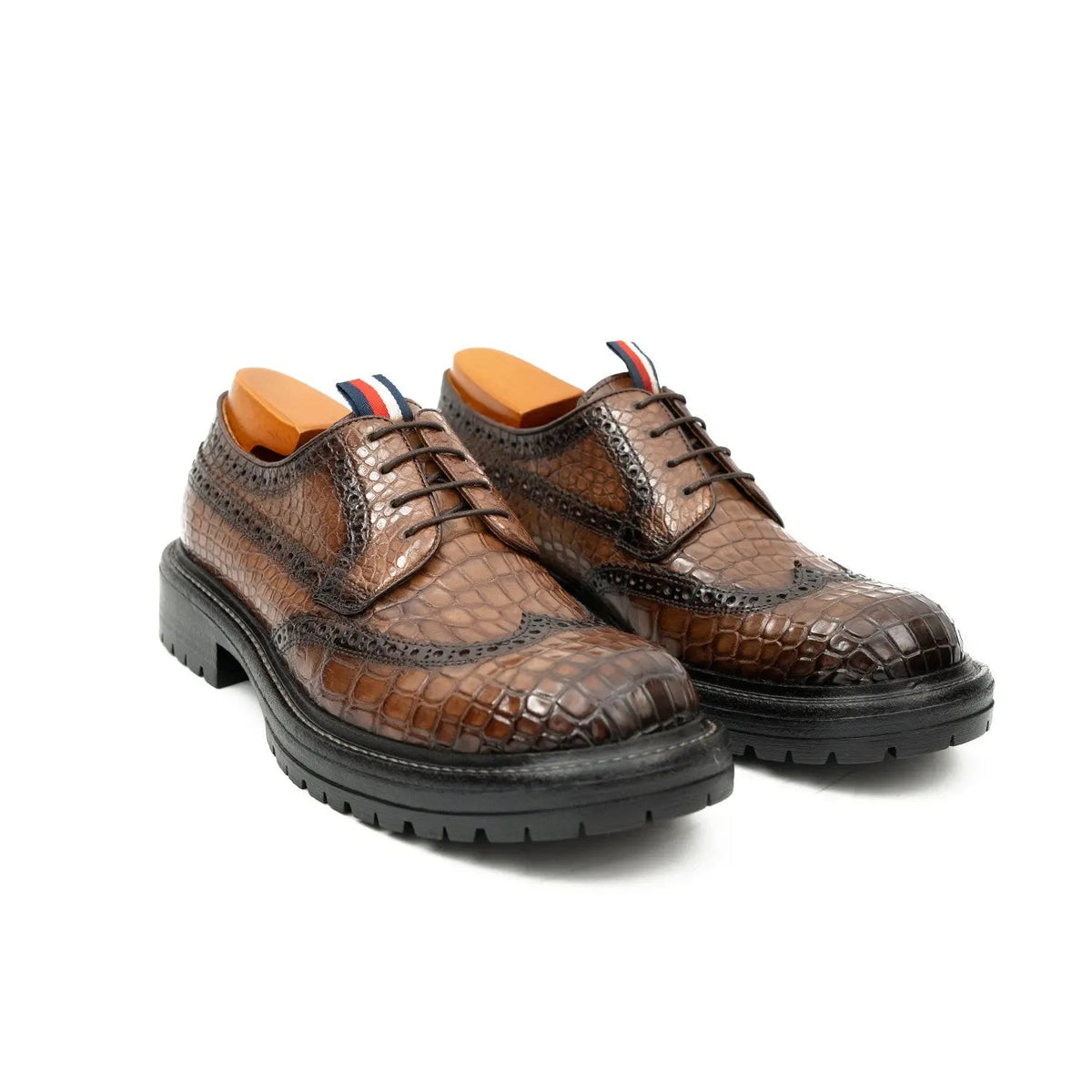 Brown Wingtip Crocodile Leather Derby Shoes