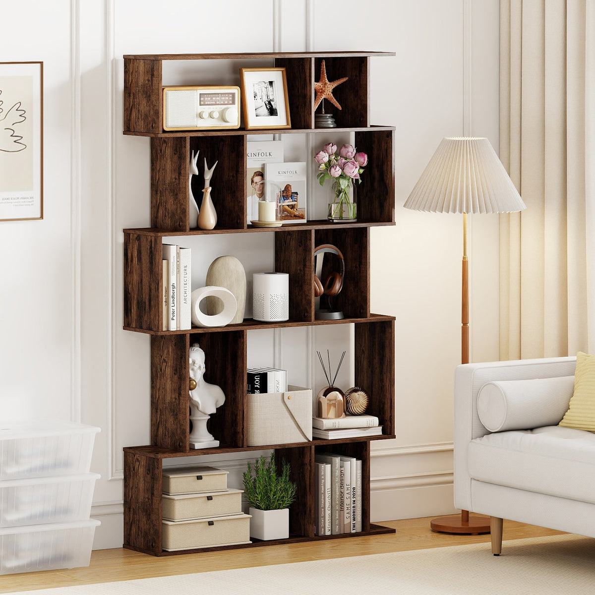 Geometric Bookshelf Set of 2 5-Tier Bookcase with Open Shelves and Closed-back Cubes