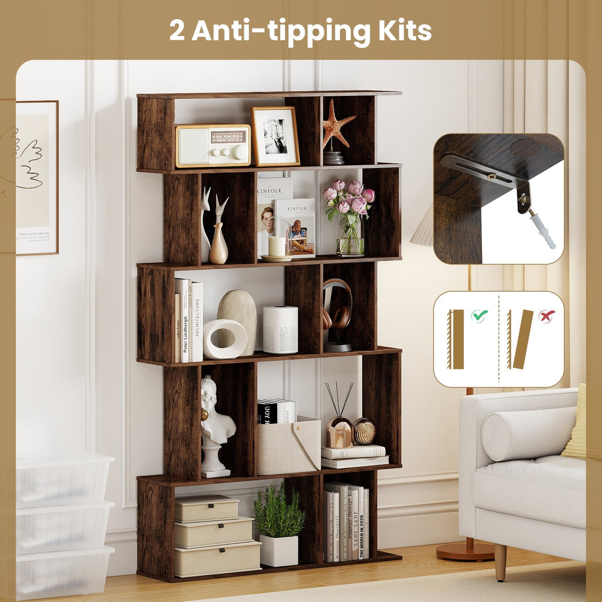 Geometric Bookshelf Set of 2 5-Tier Bookcase with Open Shelves and Closed-back Cubes