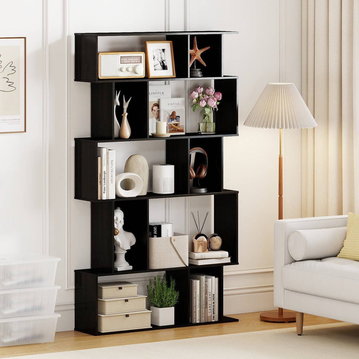Geometric Bookshelf Set of 2 5-Tier Bookcase with Open Shelves and Closed-back Cubes