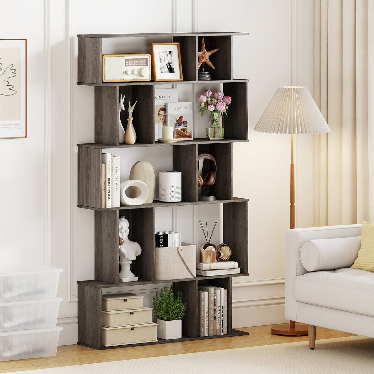 Geometric Bookshelf Set of 2 5-Tier Bookcase with Open Shelves and Closed-back Cubes